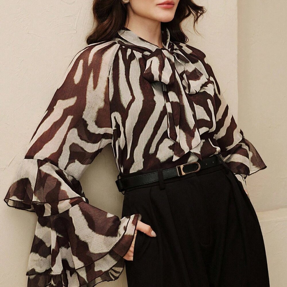 Women's Elegant Raglan Flare Sleeve Round Neck Semi-Sheer zebra print blouse - Picture 6 of 8